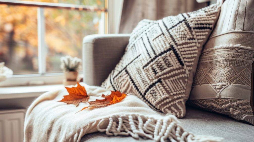 a close-up of a cozy corner with a throw blanket and autumn leaves, home decor, natural light